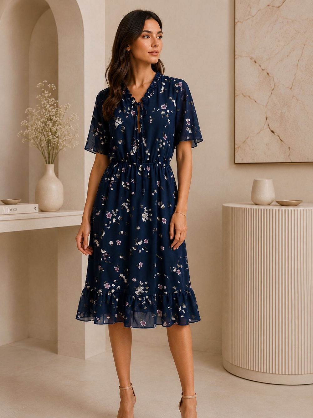 Suzy Shier Women’s Navy Blue Floral Midi Dress Size M Ruffle Tie Neck Flutter Sl